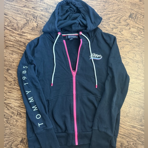Tommy Hilfiger Jackets & Blazers - TOMMY HILFIGER Vintage Zip Up Hoodie Colorblock Navy Pink Trim Logo Embroidery L